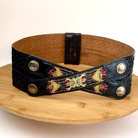 Vintage 80's Wide Black Leather Belt Conchos Beads & Hand-Tooled 24–30.25” - Picture 3 of 14